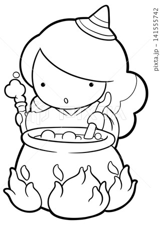 Little witch girl brewing potion in cauldron coloring page, halloween outline Little witch girl brewing potion in cauldron coloring page, halloween outline 141555742