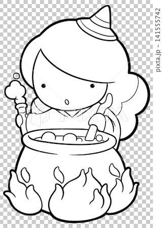 Little witch girl brewing potion in cauldron coloring page, halloween outline Little witch girl brewing potion in cauldron coloring page, halloween outline 141555742