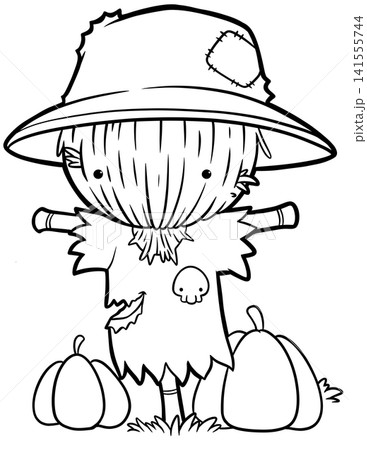 Classic scarecrow with pumpkins coloring book page, cute halloween line art Classic scarecrow with pumpkins coloring book page, cute halloween line art 141555744
