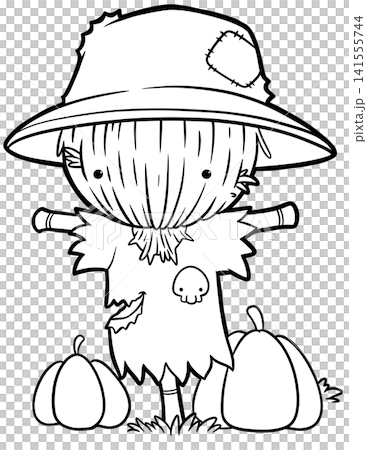 Classic scarecrow with pumpkins coloring book page, cute halloween line art Classic scarecrow with pumpkins coloring book page, cute halloween line art 141555744