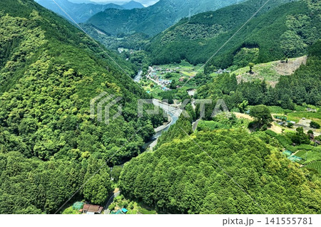 静岡県静岡市の山間集落と茶畑を捉えた空撮写真 141555781