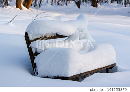 Wooden park bench completely buried under thick, fluffy white snow in a serene winter landscape setting. Balkan cyclone Francis in Central Russia, January 2026 Wooden park bench completely buried under thick, fluffy white snow in a serene winter landscape setting. Balkan cyclone Francis in Central Russia, January 2026 141555879