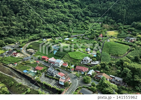 静岡県川根本町の茶畑と山間農村を捉えた空撮写真 静岡県川根本町の茶畑と山間農村を捉えた空撮写真 141555962