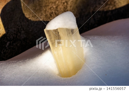 Massive, deadly amber icicle, a frozen spear, impaled sharply in pristine white snow. A potent symbol of winter's hidden dangers and fragile beauty. Icicles falling on heads Massive, deadly amber icicle, a frozen spear, impaled sharply in pristine white snow. A potent symbol of winter's hidden dangers and fragile beauty. Icicles falling on heads 141556057