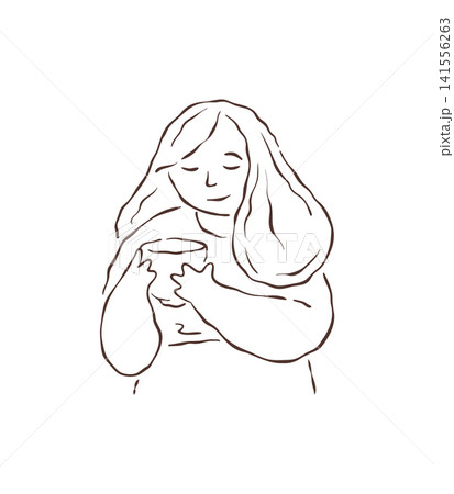 A Calm Dreamy Girl Hugging A Cozy Hot Drink Cup Vector Illustration 141556263