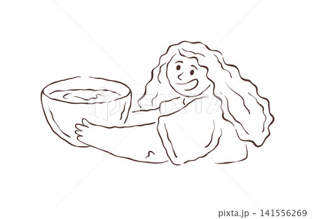 A Cheerful Woman With Wavy Hair Offering A Large Bowl Of Food Vector Illustration A Cheerful Woman With Wavy Hair Offering A Large Bowl Of Food Vector Illustration 141556269