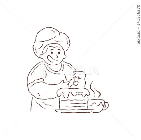 A Happy Chef Decorating A Layer Cake With A Cherry Vector Illustration 141556270