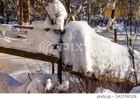 Pristine white snow blankets a rustic chain-link fence and bare branches under crisp winter sun. A tranquil scene capturing the quiet beauty of a frosty landscape Pristine white snow blankets a rustic chain-link fence and bare branches under crisp winter sun. A tranquil scene capturing the quiet beauty of a frosty landscape 141556326