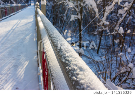 Sparkling snow blankets a pedestrian bridge railing, leading along a frosty path. Winter wonderland scene with soft light and bare trees Sparkling snow blankets a pedestrian bridge railing, leading along a frosty path. Winter wonderland scene with soft light and bare trees 141556329