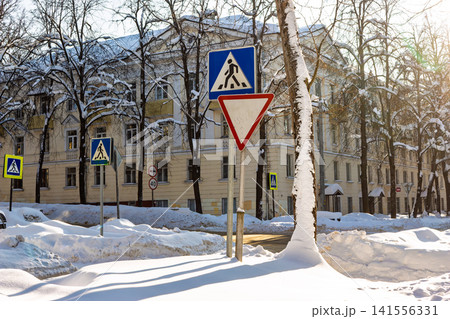 Vivid pedestrian crossing and give way signs against a snowy city street backdrop. Winter sun bathes urban landscape and bare trees, Russia 141556331