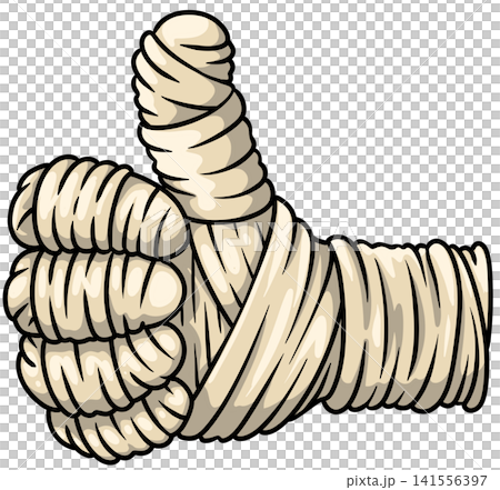 Mummy wrapped hand in bandages giving thumbs up gesture for yes and approval 141556397