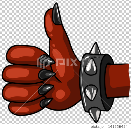 Red demon devil monster clawed hand with spikes bracelet giving thumbs up approval Red demon devil monster clawed hand with spikes bracelet giving thumbs up approval 141556434