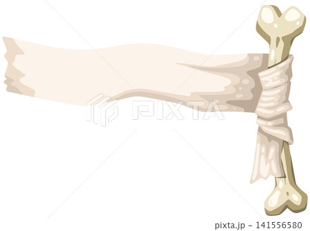 Ancient mummy cloth banner tied to skeleton bone for Halloween copy space Ancient mummy cloth banner tied to skeleton bone for Halloween copy space 141556580