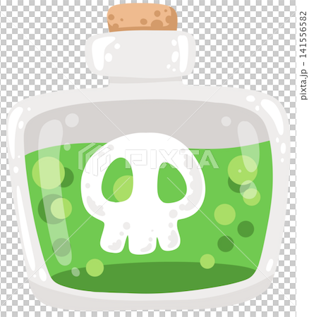 Glass flask bottle containing bubbling green toxic poison liquid with skull mark Glass flask bottle containing bubbling green toxic poison liquid with skull mark 141556582