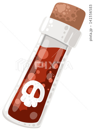 Glass vial test tube containing red magical potion liquid with skull sign Glass vial test tube containing red magical potion liquid with skull sign 141556583