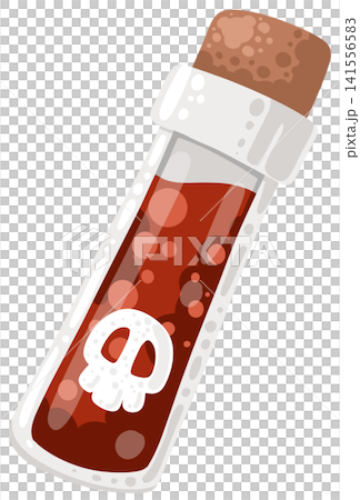 Glass vial test tube containing red magical potion liquid with skull sign Glass vial test tube containing red magical potion liquid with skull sign 141556583