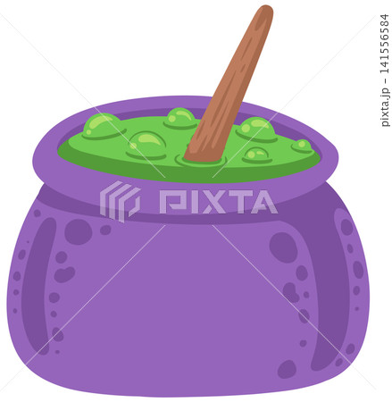 Purple witch cauldron pot brewing bubbling green magic liquid with wooden spoon Purple witch cauldron pot brewing bubbling green magic liquid with wooden spoon 141556584