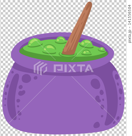 Purple witch cauldron pot brewing bubbling green magic liquid with wooden spoon Purple witch cauldron pot brewing bubbling green magic liquid with wooden spoon 141556584