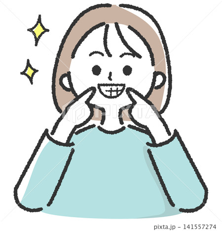 きれいな歯を指差して笑顔を見せる女性のイラスト きれいな歯を指差して笑顔を見せる女性のイラスト 141557274