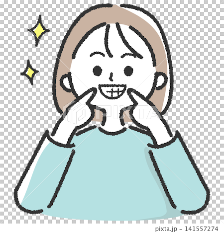 きれいな歯を指差して笑顔を見せる女性のイラスト きれいな歯を指差して笑顔を見せる女性のイラスト 141557274