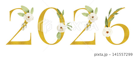 新年の幕開けを彩る、白と緑の花々で飾られたゴールドグリッターの「2026」 新年の幕開けを彩る、白と緑の花々で飾られたゴールドグリッターの「2026」 141557299