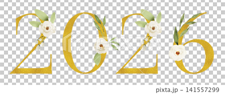 新年の幕開けを彩る、白と緑の花々で飾られたゴールドグリッターの「2026」 新年の幕開けを彩る、白と緑の花々で飾られたゴールドグリッターの「2026」 141557299