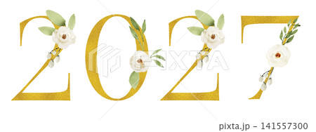 新年を祝う、白と緑の花で飾られたゴールドグリッターの「2027」 新年を祝う、白と緑の花で飾られたゴールドグリッターの「2027」 141557300