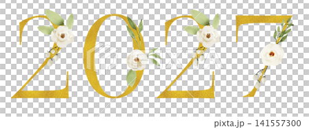 新年を祝う、白と緑の花で飾られたゴールドグリッターの「2027」 新年を祝う、白と緑の花で飾られたゴールドグリッターの「2027」 141557300