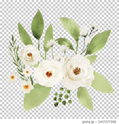 A watercolor-style bouquet featuring white roses, green leaves, and berries. A watercolor-style bouquet featuring white roses, green leaves, and berries. 141557308