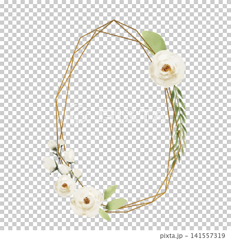 A golden geometric frame with white roses and green leaves. A golden geometric frame with white roses and green leaves. 141557319