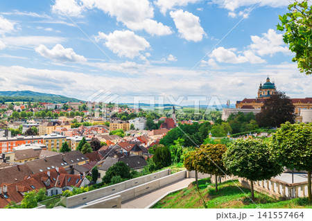 Panoramic view of Melk Abbey overlooking the historic town of Melk in Austria Panoramic view of Melk Abbey overlooking the historic town of Melk in Austria 141557464