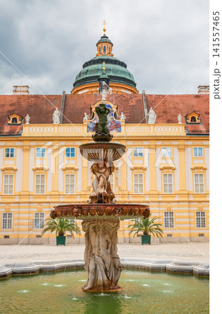 Baroque fountain in the courtyard of Melk Abbey monastery in Melk Austria Baroque fountain in the courtyard of Melk Abbey monastery in Melk Austria 141557465