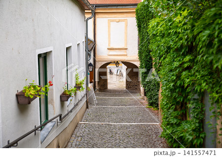 Historic cobblestone alley with archway in the old town of Melk Austria 141557471