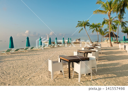 Beachfront restaurant with tables and palm trees on tropical white sand beach Beachfront restaurant with tables and palm trees on tropical white sand beach 141557498