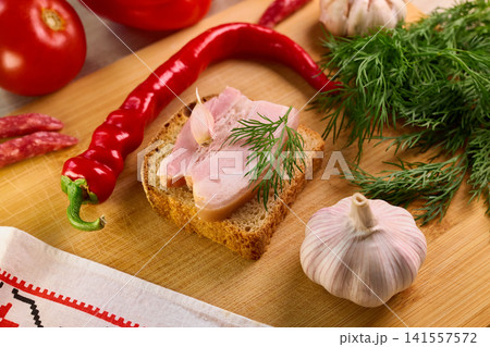 Traditional Ukrainian Snack Composition with Salo and Chili Pepper 141557572