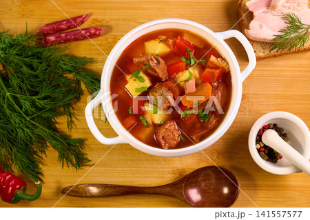 Traditional Bograch Soup Served with Salo and Spices Traditional Bograch Soup Served with Salo and Spices 141557577