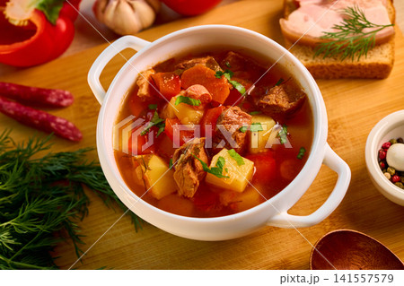 Traditional Bograch Soup Served with Salo and Spices 141557579