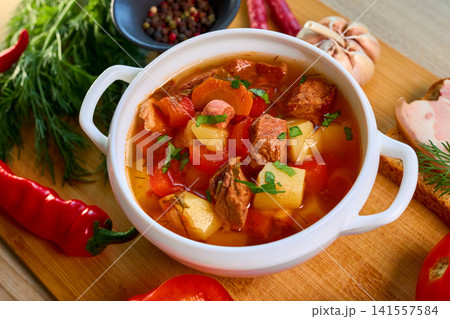 Traditional Bograch Soup Served with Salo and Spices 141557584