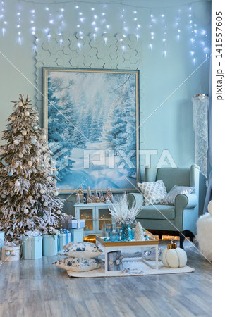 Magical Blue Winter Wonderland Living Room Interior 141557605