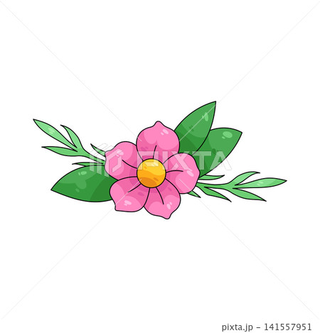 Illustration of pink flower with green leaves 141557951