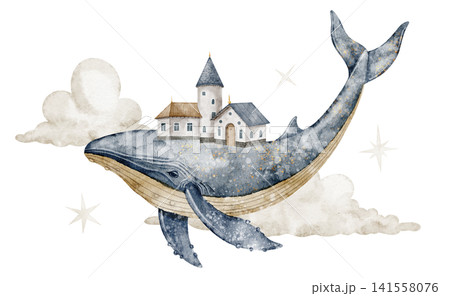 Whale with house and clouds watercolor illustration. Big animal flying in the sky on isolated background. Fantasy storybook composition for nursery poster and dream childish artwork in pastel colors. Whale with house and clouds watercolor illustration. Big animal flying in the sky on isolated background. Fantasy storybook composition for nursery poster and dream childish artwork in pastel colors. 141558076