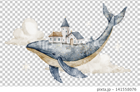 Whale with house and clouds watercolor illustration. Big animal flying in the sky on isolated background. Fantasy storybook composition for nursery poster and dream childish artwork in pastel colors. Whale with house and clouds watercolor illustration. Big animal flying in the sky on isolated background. Fantasy storybook composition for nursery poster and dream childish artwork in pastel colors. 141558076
