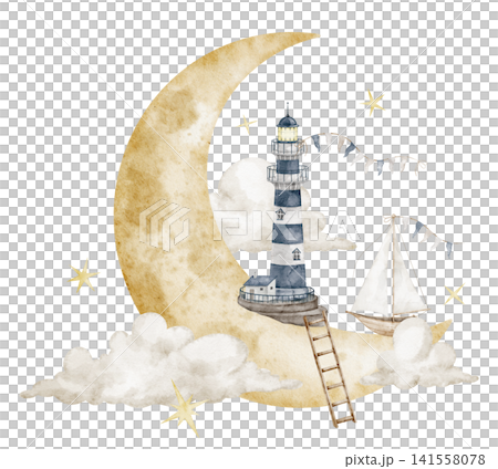 Lighthouse in the crescent moon watercolor illustration. Isolated Beacon with ship, clouds and stars in the sky. Fantasy celestial landmark for nursery poster, childish storybook, baby fantasy arts. Lighthouse in the crescent moon watercolor illustration. Isolated Beacon with ship, clouds and stars in the sky. Fantasy celestial landmark for nursery poster, childish storybook, baby fantasy arts. 141558078