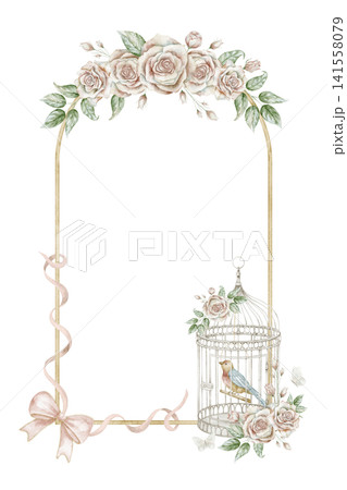 Watercolor floral frame with birdcage and rose flowers. Illustration of romantic border with vintage botanical elements, bird in cage and pink ribbon bows for wedding invitations, stationery and card. Watercolor floral frame with birdcage and rose flowers. Illustration of romantic border with vintage botanical elements, bird in cage and pink ribbon bows for wedding invitations, stationery and card. 141558079