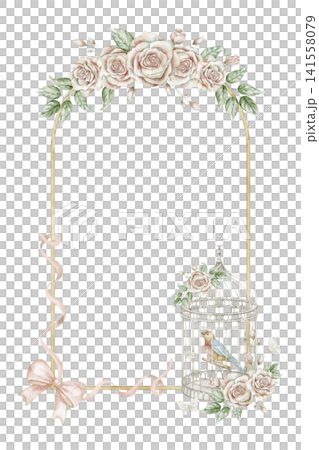 Watercolor floral frame with birdcage and rose flowers. Illustration of romantic border with vintage botanical elements, bird in cage and pink ribbon bows for wedding invitations, stationery and card. Watercolor floral frame with birdcage and rose flowers. Illustration of romantic border with vintage botanical elements, bird in cage and pink ribbon bows for wedding invitations, stationery and card. 141558079