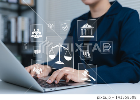 Law Concept. Legal professional or lawyer working at law firm office with icons symbolizing law, justice, and legal services. business legislation, notary public, legal advice online, litigation court Law Concept. Legal professional or lawyer working at law firm office with icons symbolizing law, justice, and legal services. business legislation, notary public, legal advice online, litigation court 141558309