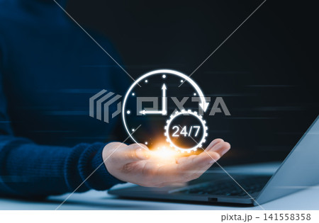 24-7 Nonstop Service and Support Concept. Businessperson holding 24 hr 7 day clock icon, symbolizing continuous customer service and around clock business operations. Call Center, Technical, Full time 24-7 Nonstop Service and Support Concept. Businessperson holding 24 hr 7 day clock icon, symbolizing continuous customer service and around clock business operations. Call Center, Technical, Full time 141558358