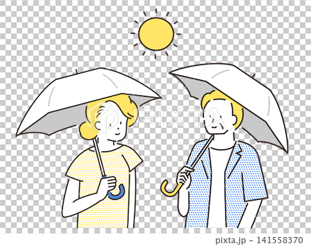 An illustration of a senior couple using a parasol to prevent heatstroke. An illustration of a senior couple using a parasol to prevent heatstroke. 141558370