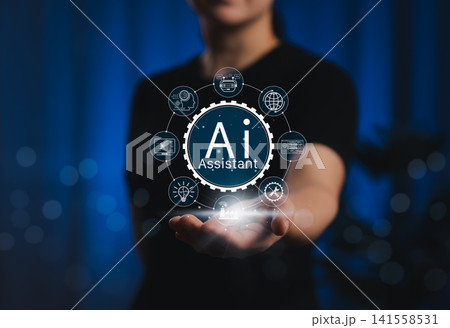 AI Virtual Assistant and Automation Technology Concept. Person holding AI Assistant icons with artificial intelligence, automation, machine learning, AI agent, service, digital smart support systems. AI Virtual Assistant and Automation Technology Concept. Person holding AI Assistant icons with artificial intelligence, automation, machine learning, AI agent, service, digital smart support systems. 141558531