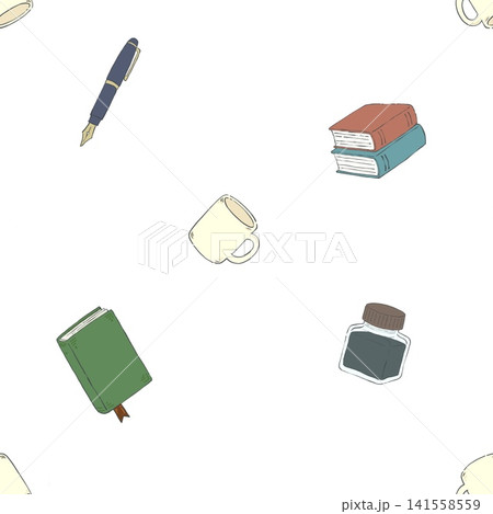 手描き風文具イラストのシームレスパターン 手描き風文具イラストのシームレスパターン 141558559